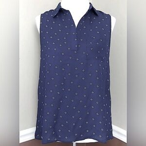 Navy Blue & White Sleeveless V Neck Collared Top by Sweet Rain from Modcloth S-M